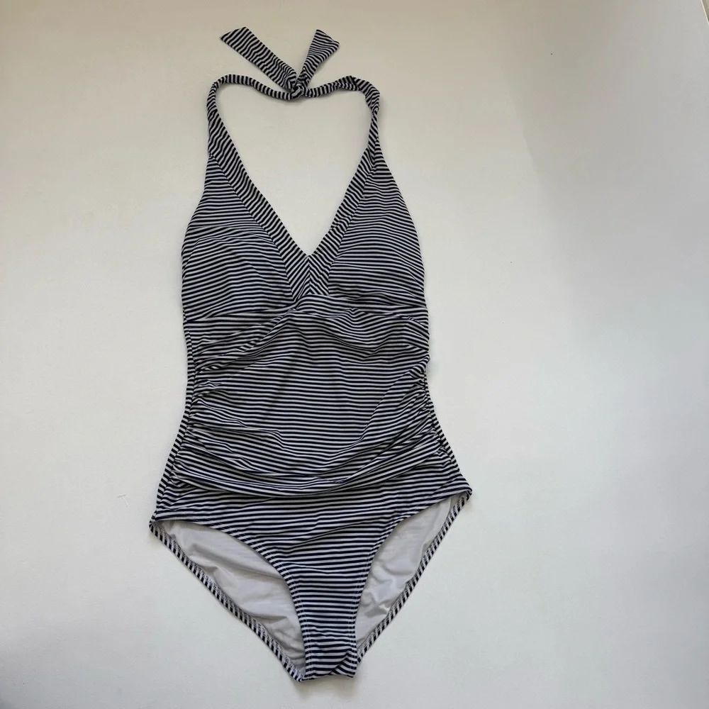 Niptuck Multi Fit Cup Stripe One Piece Bathing Suit Navy Blue White Women Size 8